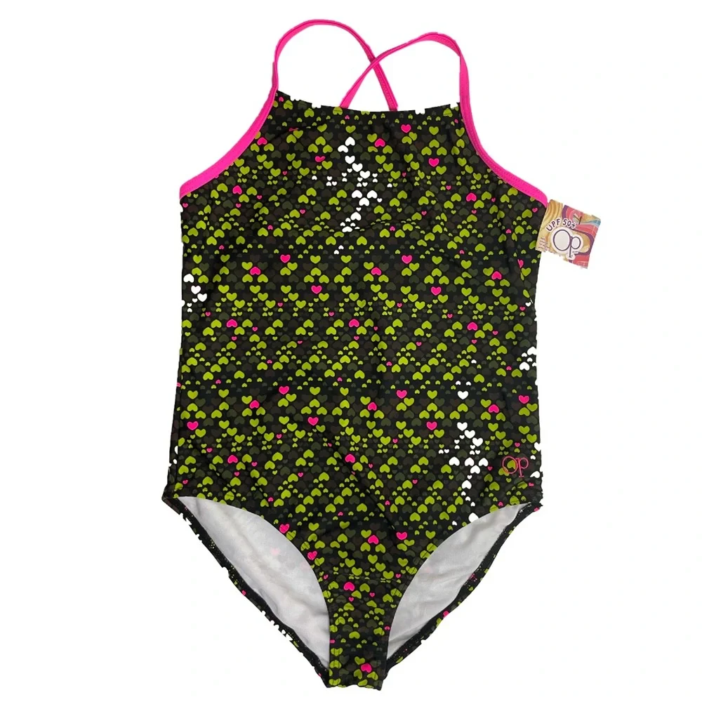 Girls Swimsuit One Piece Bathing Suit Hearts Summer Beach Pool Green Pink White